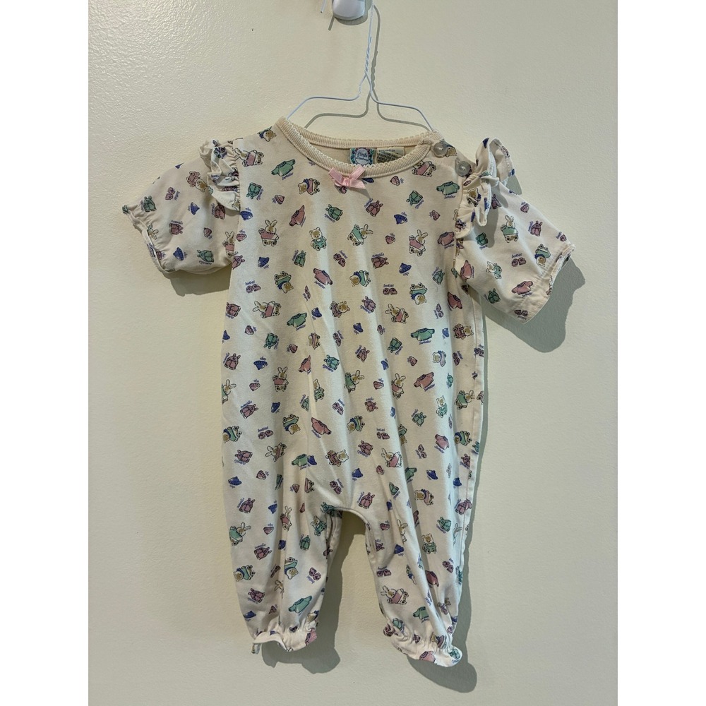 Vintage Little Lindsey Baby Girl Ruffle Romper Animal Print Cream 6/9M 90s